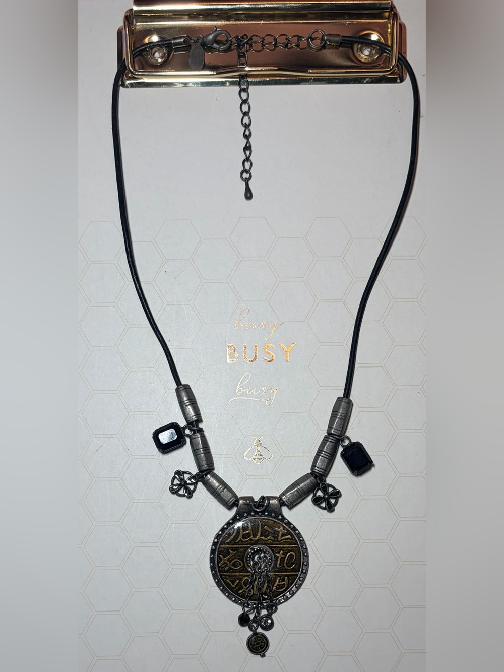 Black Cord Necklace with Antique Gunmetal Medallion - Unbranded